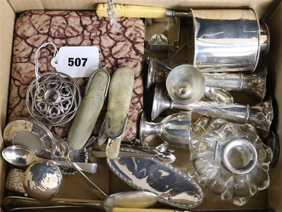 A quantity of mainly silver items including a tea caddy, pair of spill vases, flatware and a Scottish silver brooch